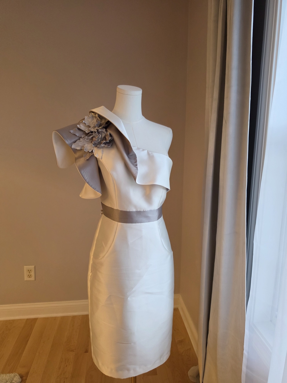 Terani Couture One-Shoulder Ivory Dress with Silver Accents